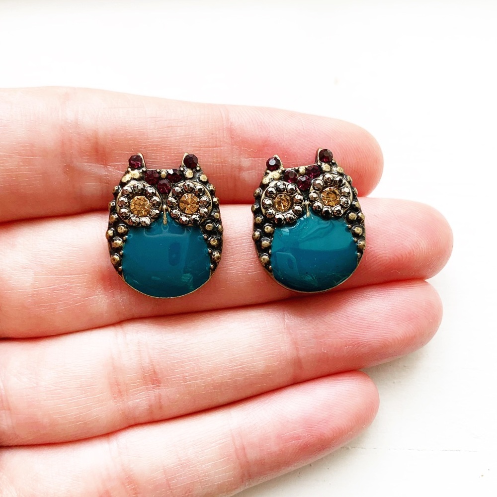 Cute brass & turquoise enamel owl earrings - Picture 1 of 7